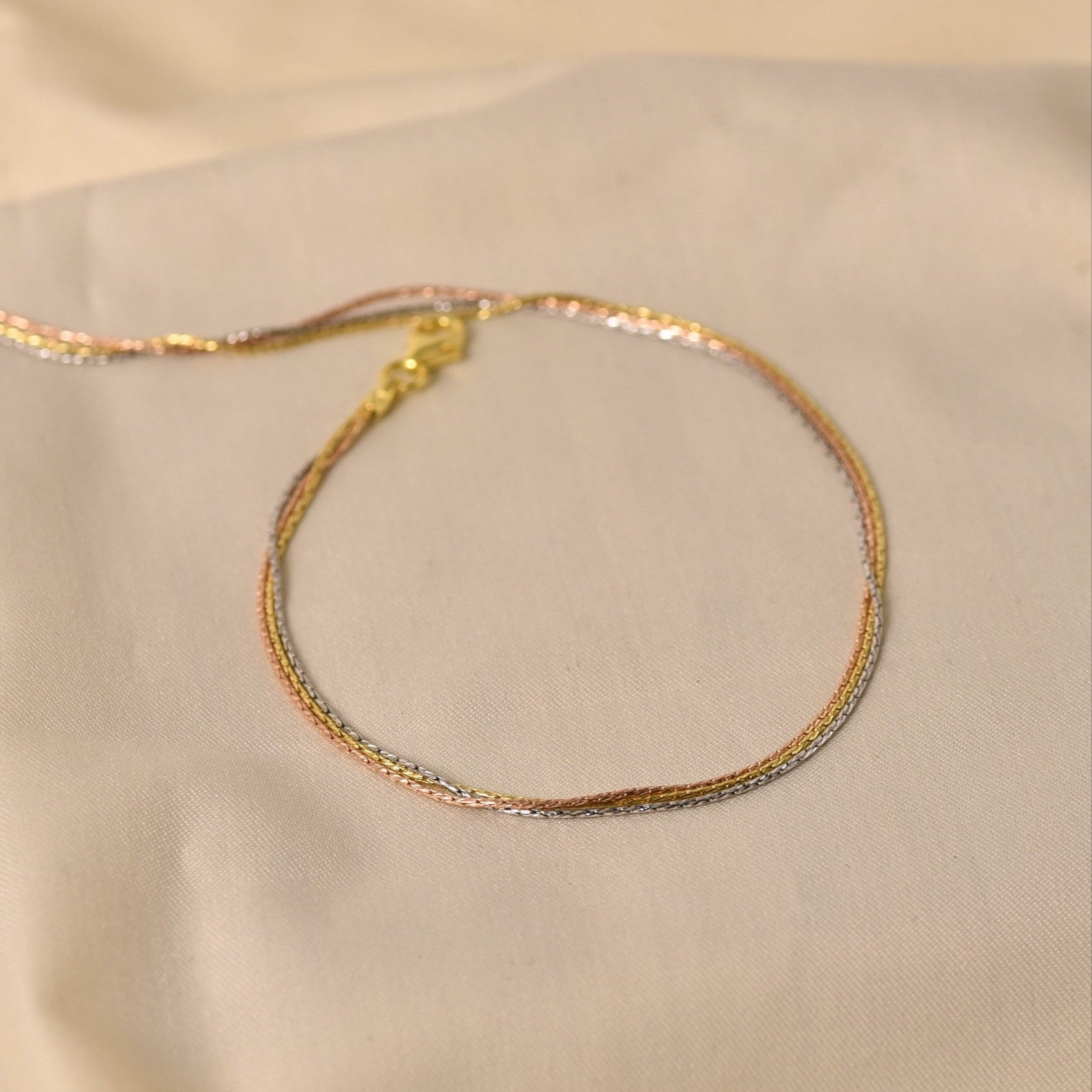 3-Line Anklet - 3.2" Rhodium + Rose Gold + Gold