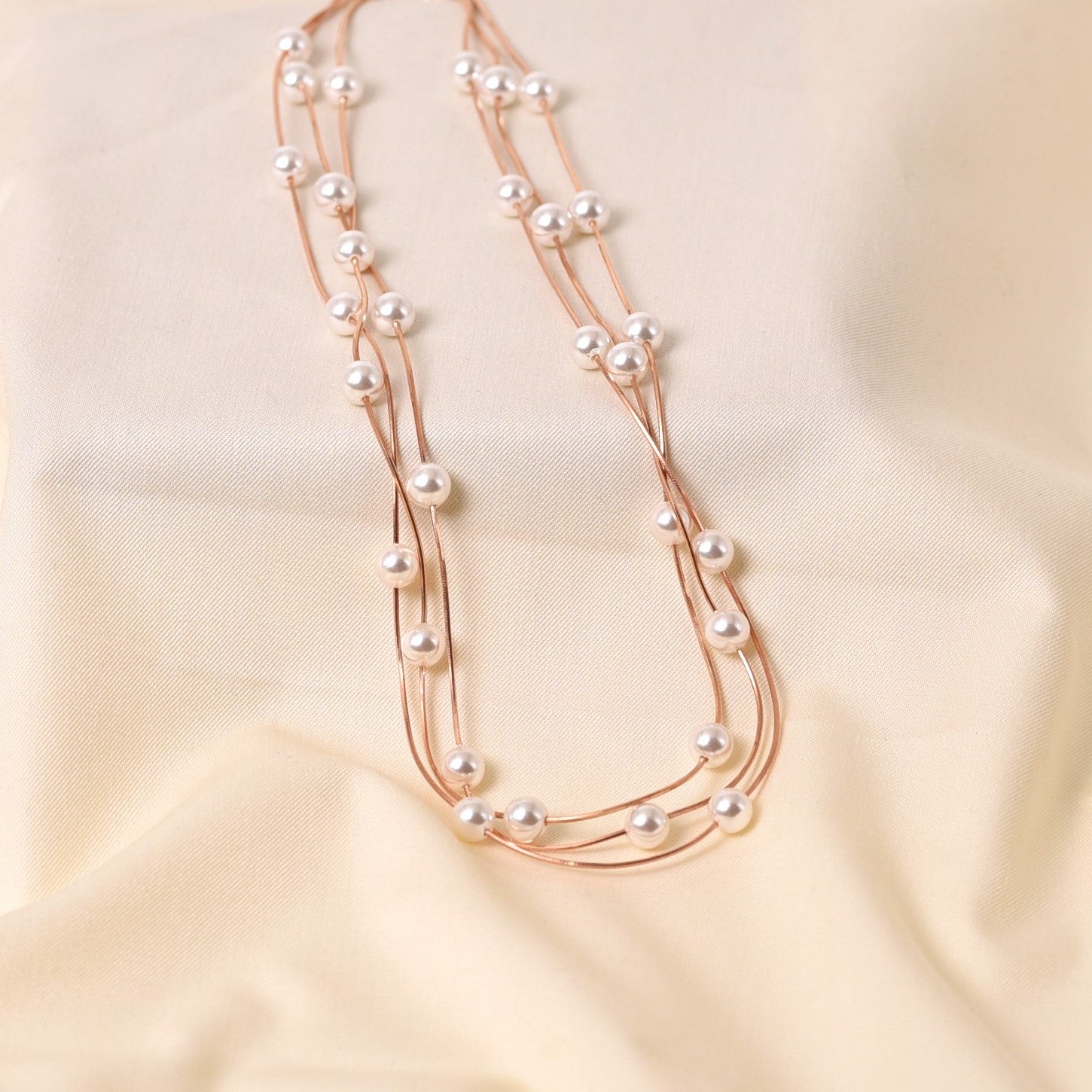 3 Stringed Pearl Necklace - Rose Gold