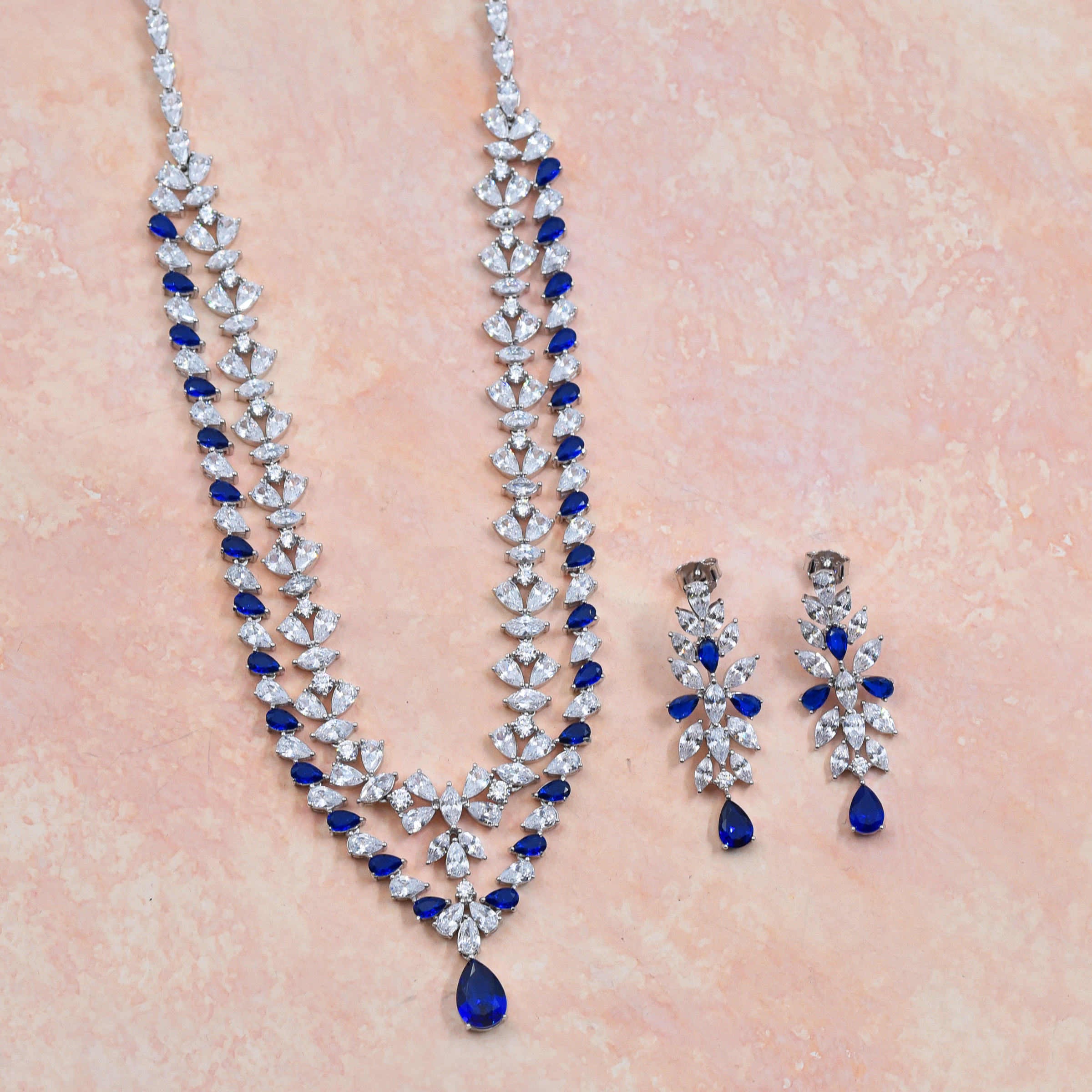 Necklace Set, Double Layered Crystal Necklace Set - Blue