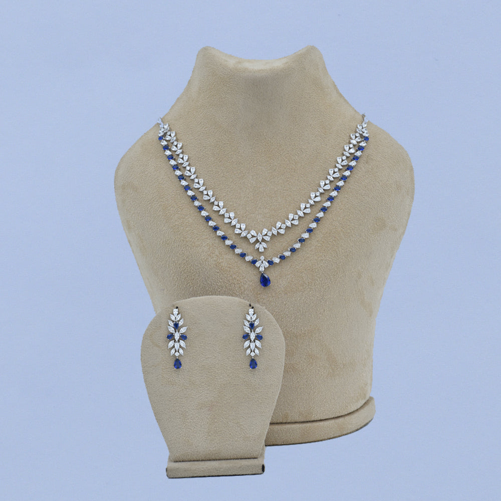 Double Layered Crystal Necklace Set - Blue